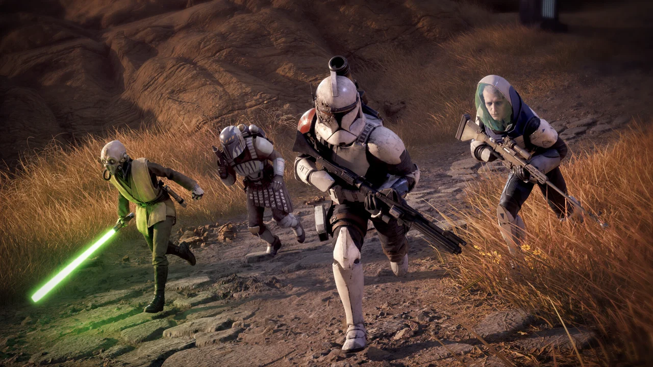 STAR WARS Zero Company gameplay: a clone-trooper squad in the field with tactical grid positioning and enemy markers on an outdoor Clone Wars battlefield, UI panels at the sides