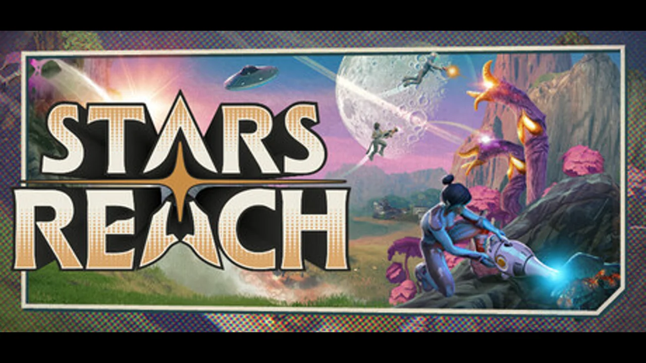 Stars Reach: a sci-fi landscape with rugged alien terrain under a vast starry sky, colorful bands of light on the horizon