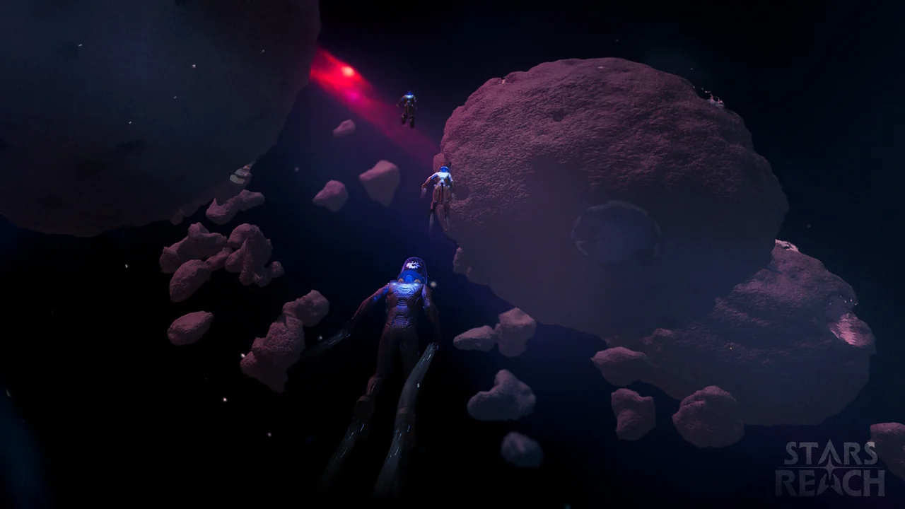 Stars Reach gameplay: a player character exploring a colorful alien landscape with strange rock formations and wide-open views