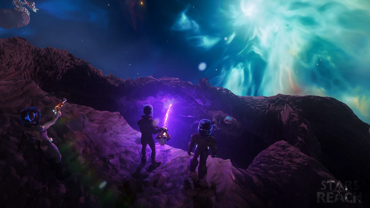 Stars Reach: a built-up settlement with structures and player-built infrastructure against a strange alien sky