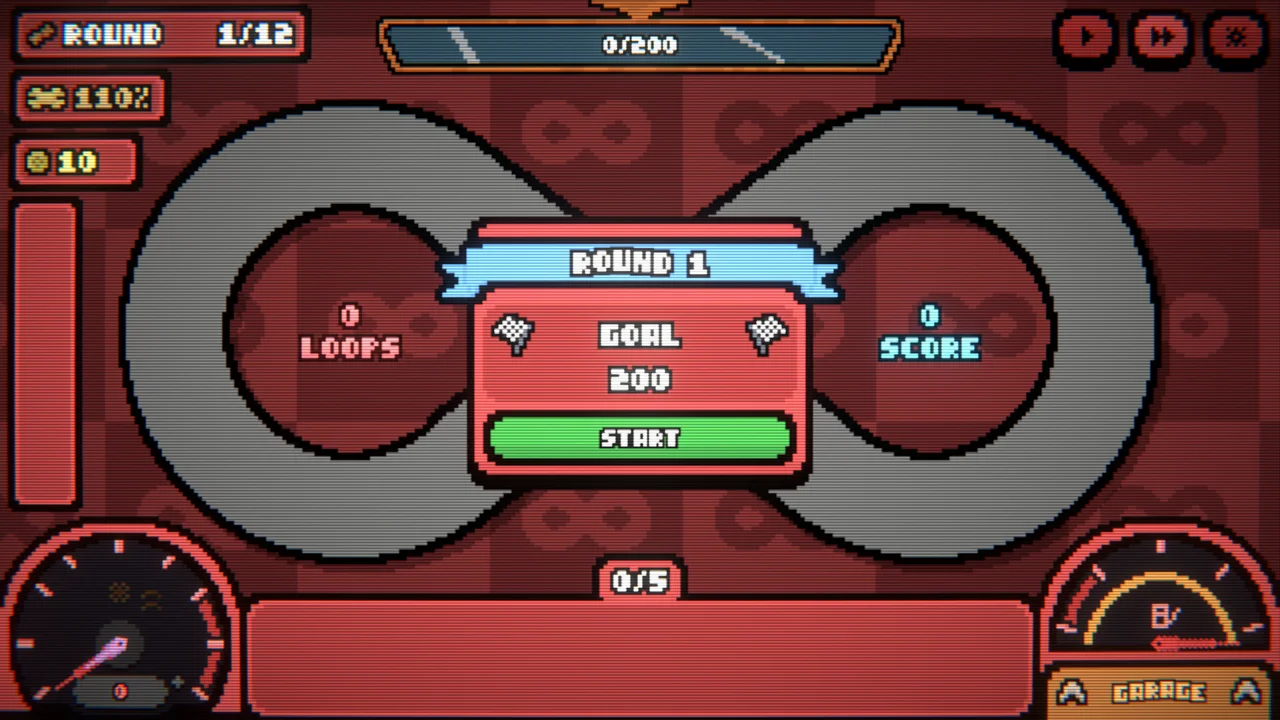 The Loopler gameplay: a slot car mid-loop surrounded by upgrade cards and stacking multipliers
