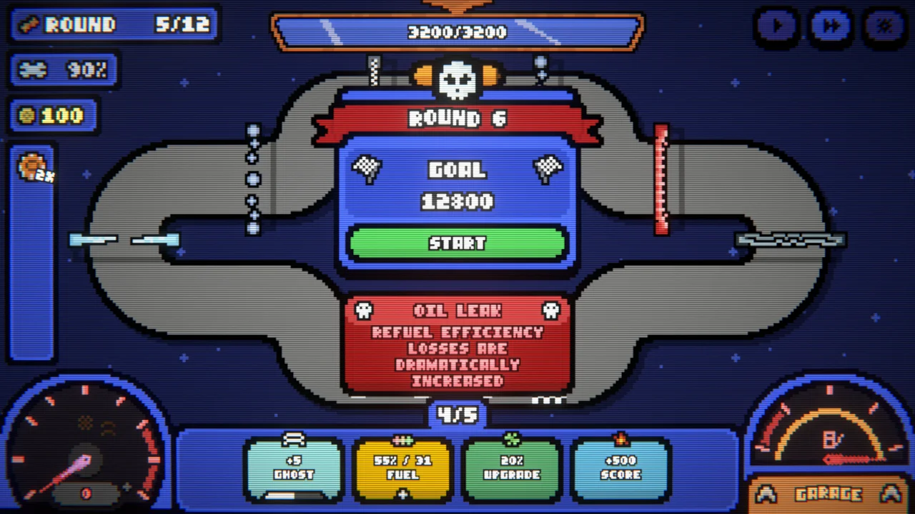 The Loopler track view showing gate placement slots and drafted upgrade cards