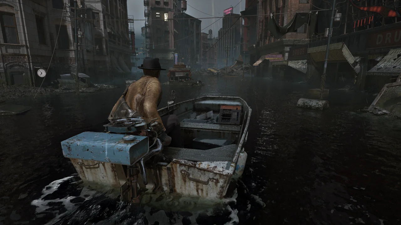 The Sinking City 2 key art: a soaked street in Arkham at night, fog over flooded buildings