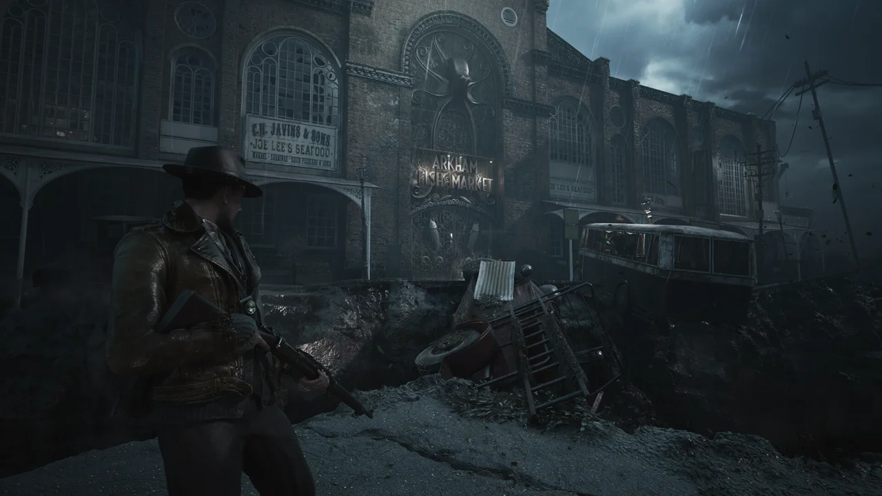 The Sinking City 2 gameplay: a character with a lantern wading through flooded Arkham streets