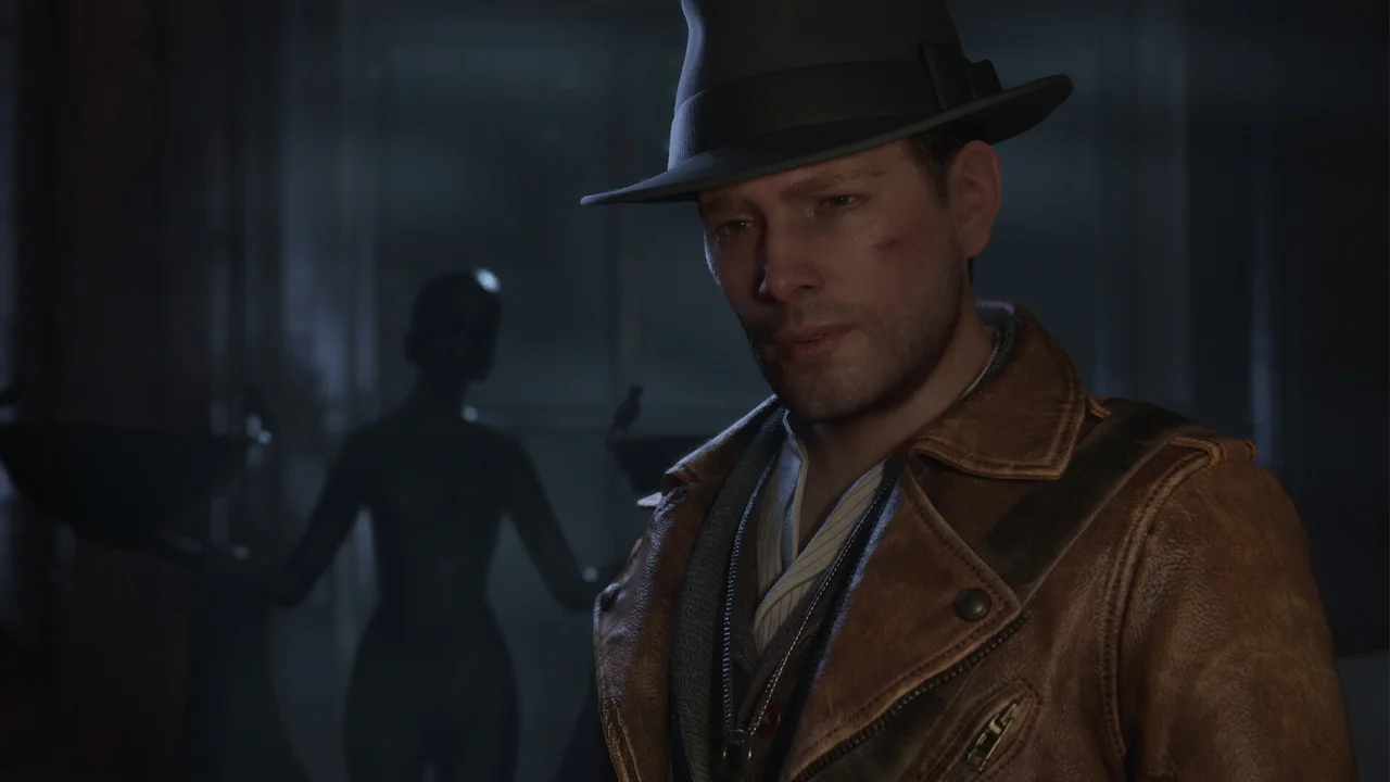 The Sinking City 2 gameplay: a decrepit indoor scene with strange cult markings on the walls