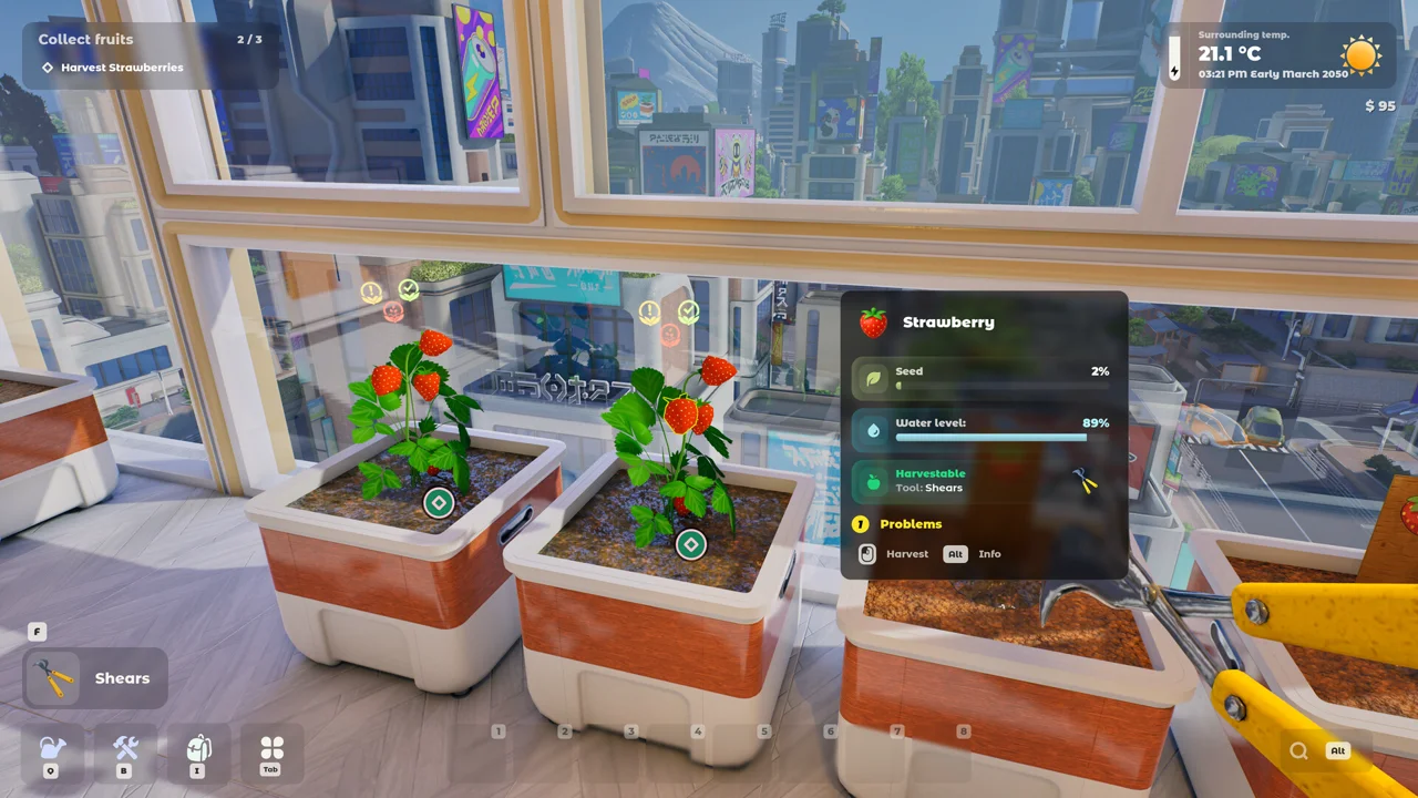 Tiny Eden gameplay screenshot: harvesting and cooking with the apartment garden full of planters