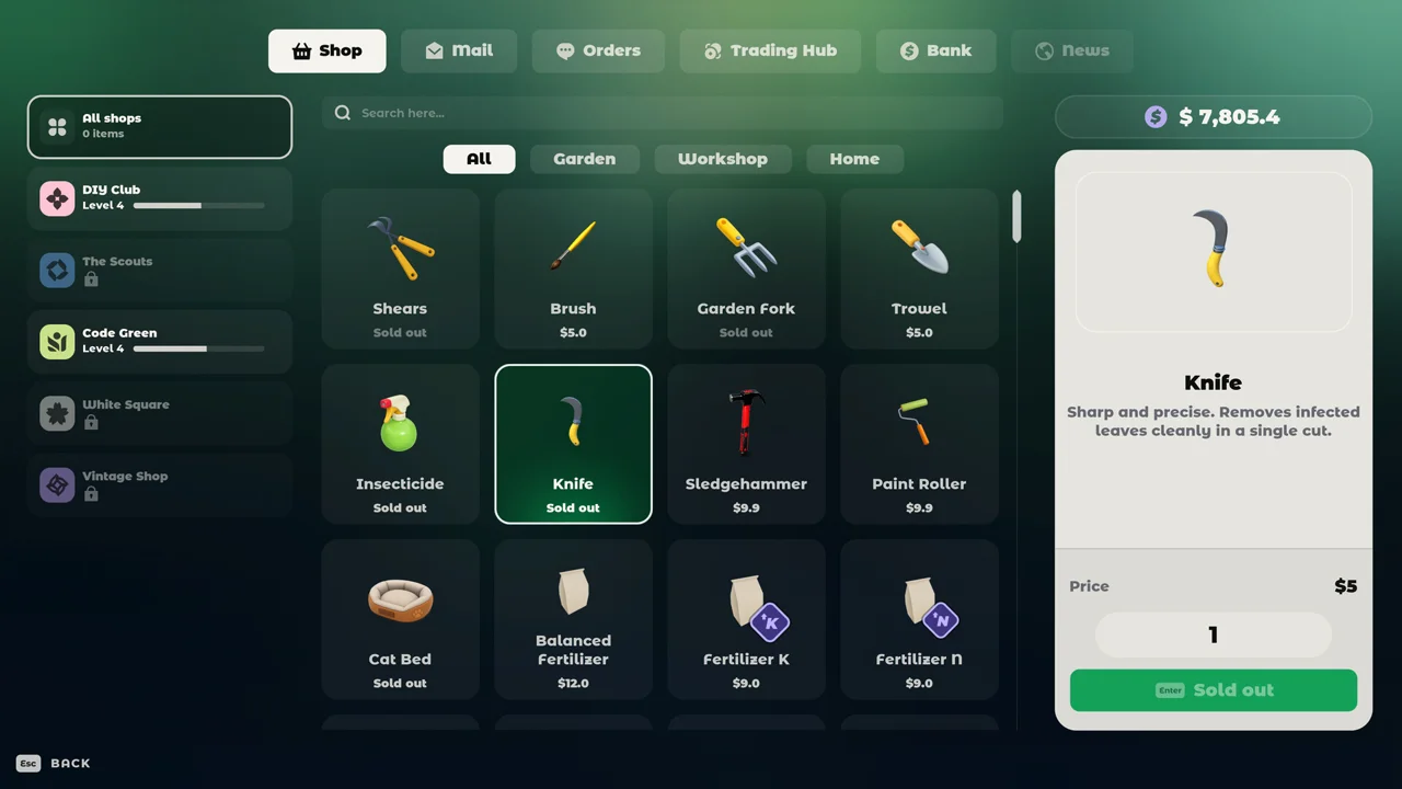 Tiny Eden gameplay screenshot: the apartment interior with plants at different growth stages