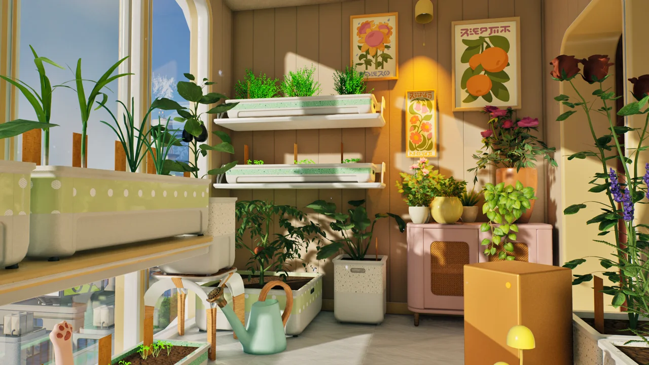 Tiny Eden gameplay screenshot: tending potted plants inside the Garden Tower apartment