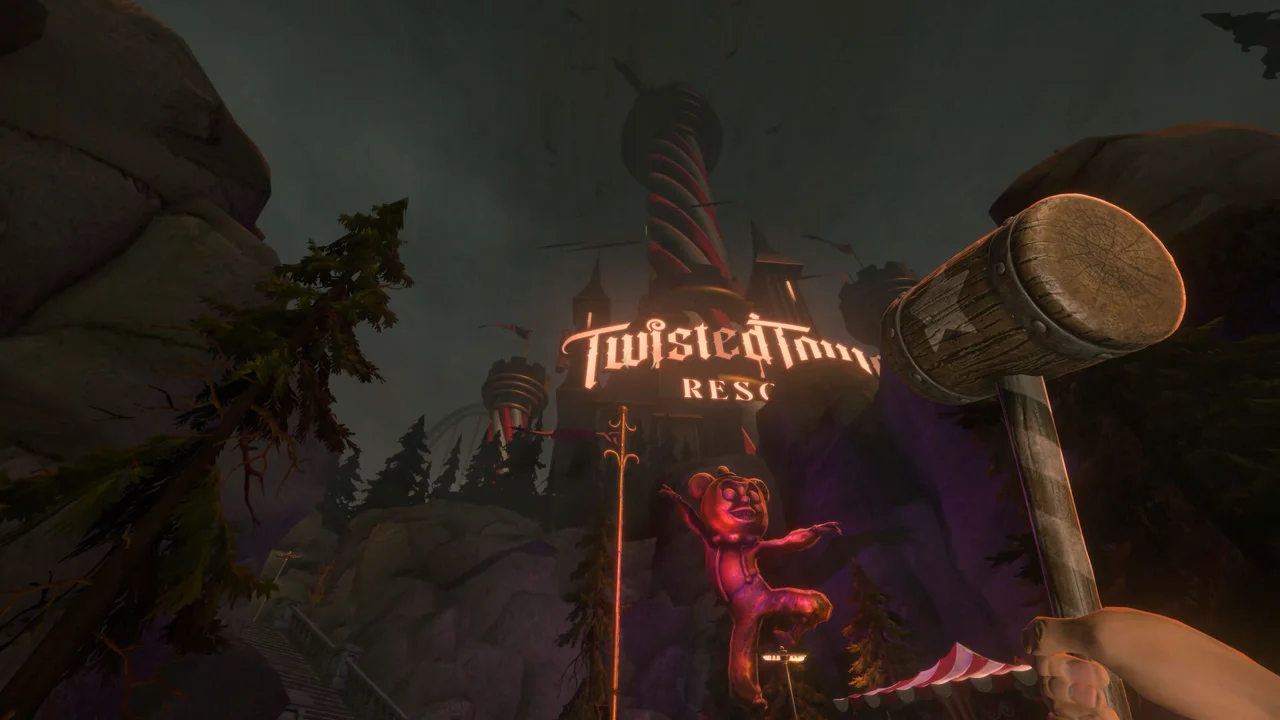 Twisted Tower gameplay: a first-person view of a colorful but rundown carnival interior with a menacing mascot character in the distance