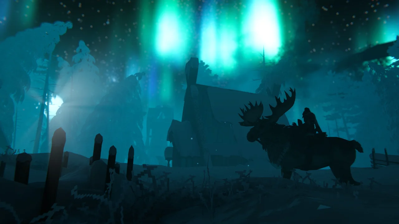 Valheim 1.0 launch screenshot: a Viking longship and coastal settlement under a pale northern sky in the new Deep North region
