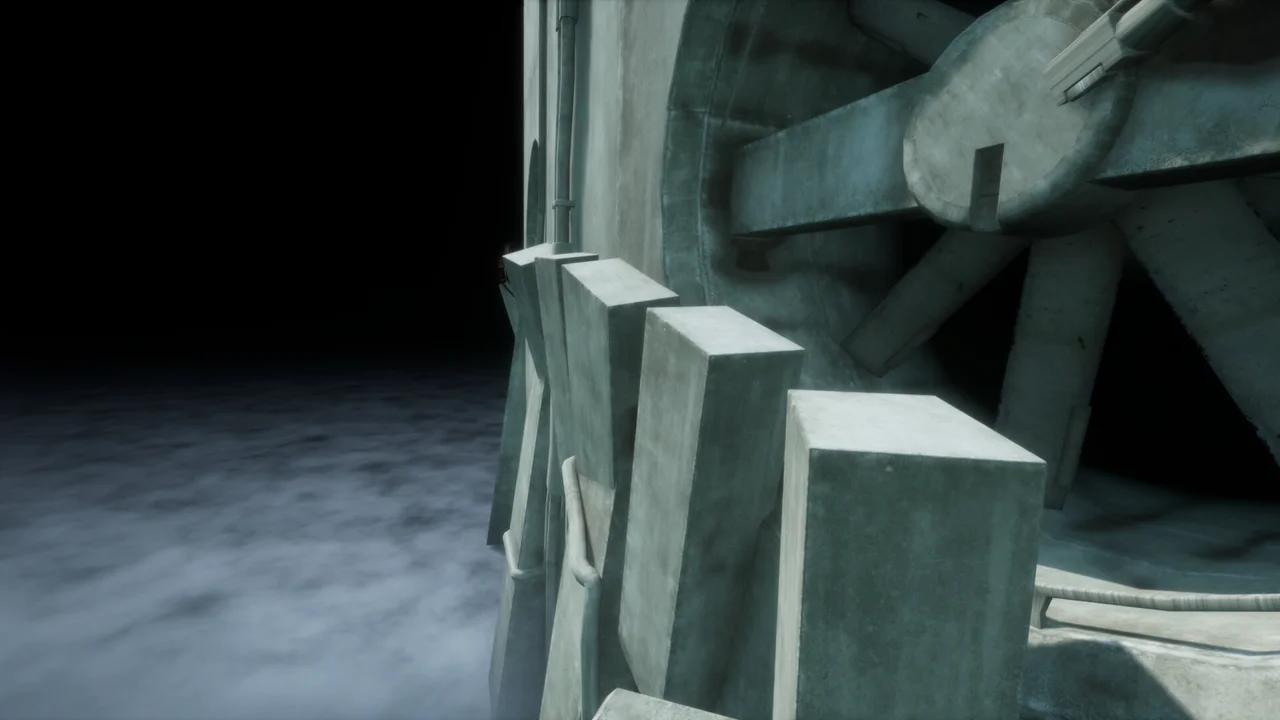 VHOLUME gameplay: a parkour run across rooftops with a foggy brutalist skyline in the background
