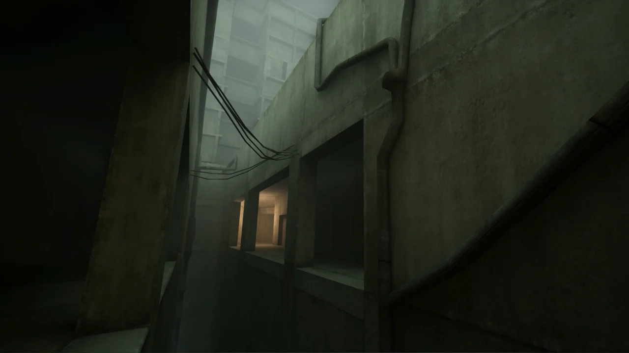 VHOLUME gameplay: interior of a stark concrete building with narrow walkways and official signs
