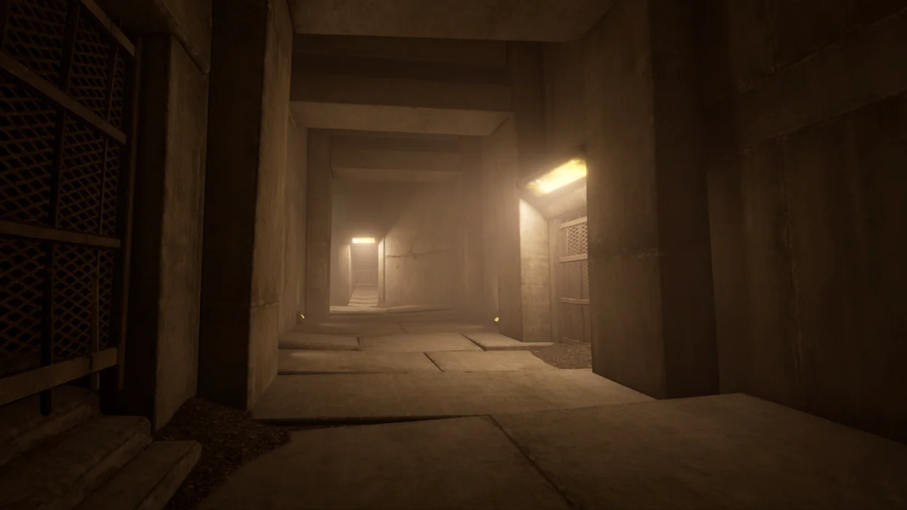 VHOLUME gameplay: the player runs along a concrete ledge high above a grey brutalist city block