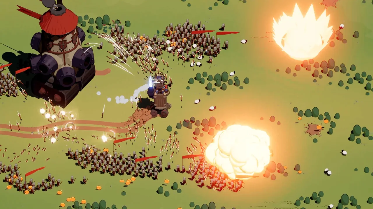 Wanderburg gameplay: a wheeled stone fortress rolling through a medieval field, cannons firing from its walls