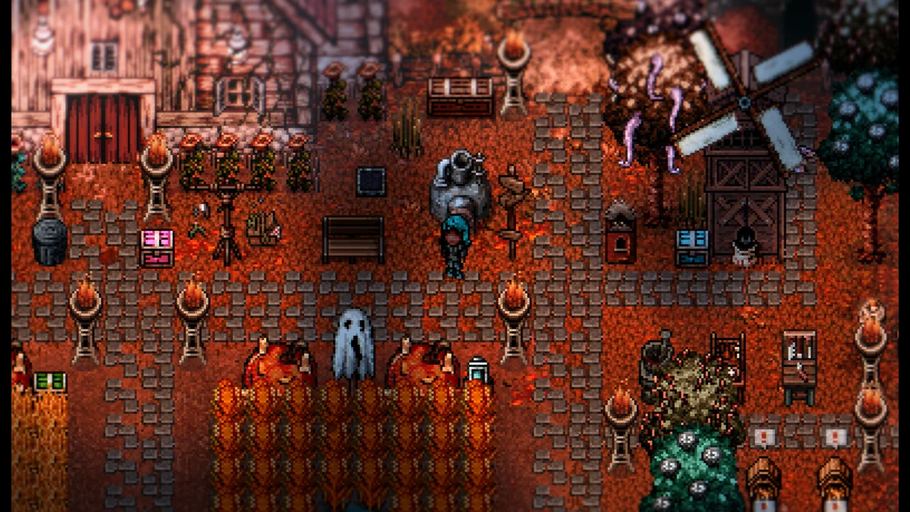 Welcome to Elderfield screenshot: turn-based combat against an eldritch creature in the mines