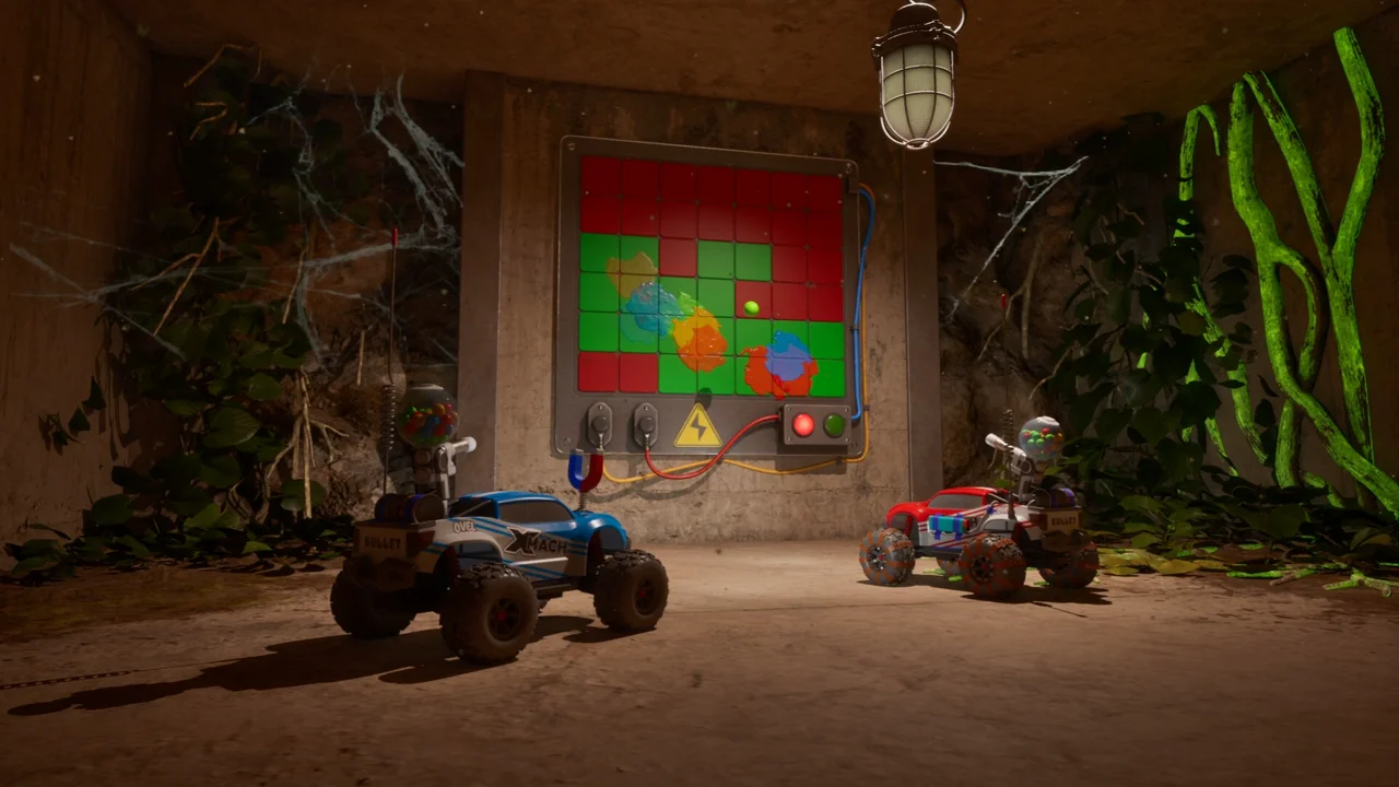 WheelMates gameplay screenshot: two RC cars on a wooden tabletop in a home laboratory setting
