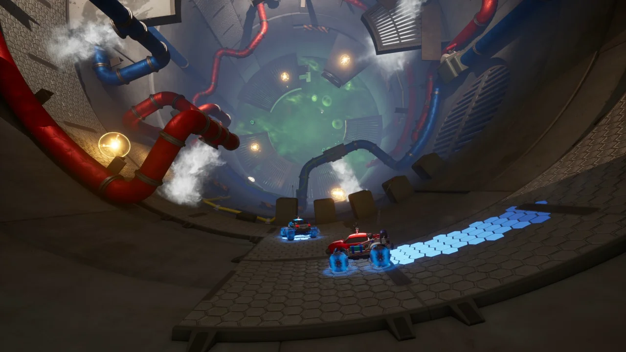 WheelMates screenshot: two RC cars navigating a puzzle room with pressure plates and a timed door