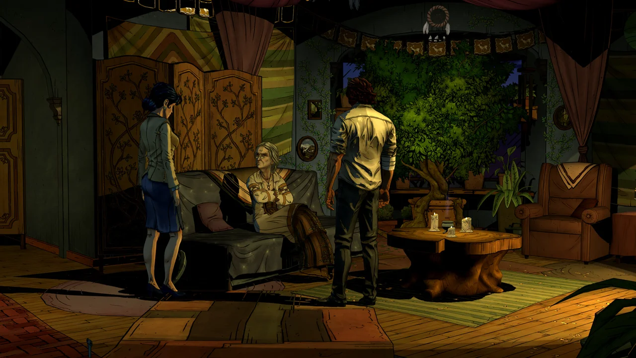 The Wolf Among Us Remastered screenshot in Noir Mode: Bigby Wolf interrogating a suspect in a dim bar, black-and-white presentation