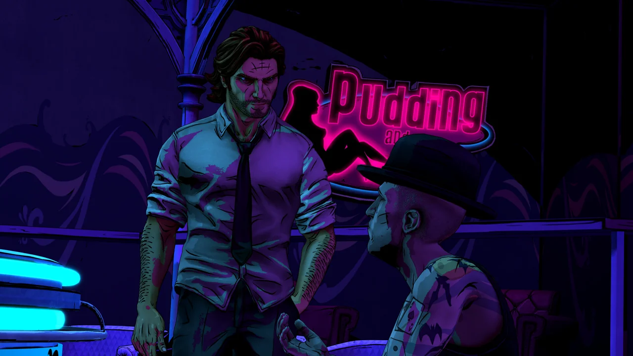 The Wolf Among Us Remastered screenshot: Bigby Wolf in his trench coat standing in a rain-soaked 1980s Fabletown street at night, neon signs glowing